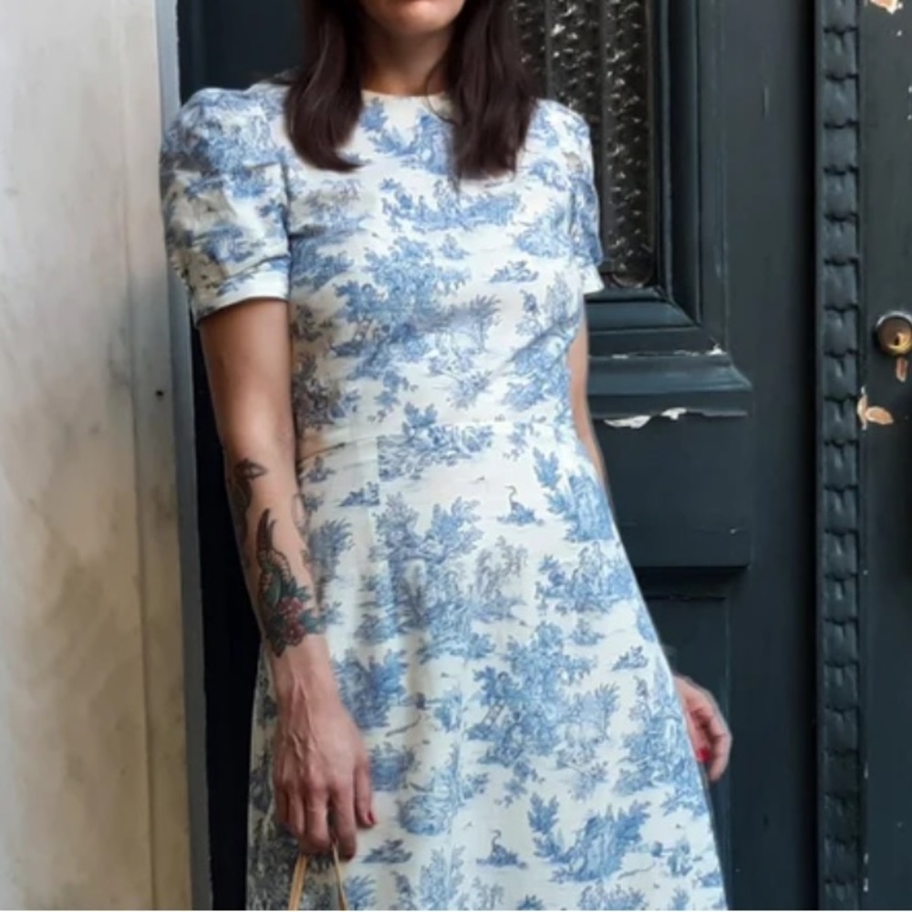 French toile blue puffy sleeve mini dress
